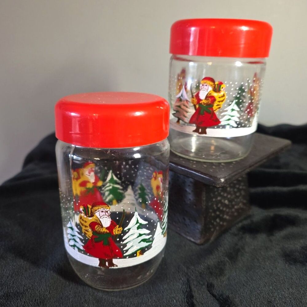 Vintage Glass Christmas Jar Set of 2 Made In France Old World Santa Red Lid
